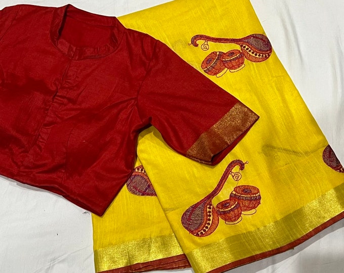 Pure Linen musical instruments embroidery Saree with Blouse