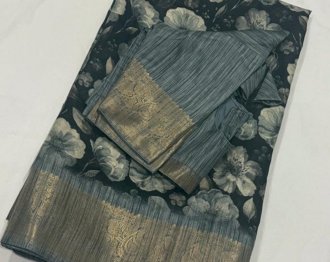 Floral Silk Saree with Stitched Blouse (Sizes 34-42)