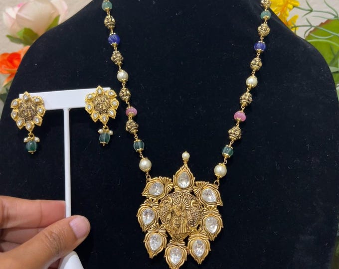 Beautiful Multi-Color Beads Mala with Radha Krishna at the Center, Surrounded by White Moissanite Stones and matching screw back earrings