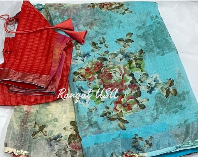 Floral Linen Saree with Blouse