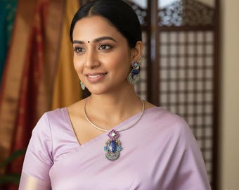 Jadau Husli Necklace & Earrings Set: Silver Look Alike