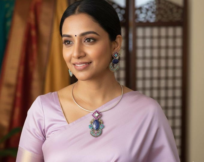 Jadau Husli Necklace & Earrings Set: Silver Look Alike