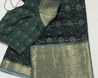 Linen Silk Saree: Weaving Border, Ready-Wear Blouse (Size 34-42)