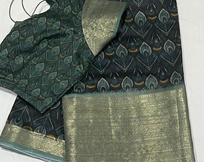 Soft Linen Silk Saree with silk weaving border with Blouse 34-42 size.