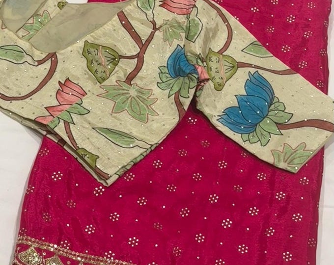 Chinon Silk Saree with Cutwork Border & Kalamkari Blouse (Sizes 34-42)