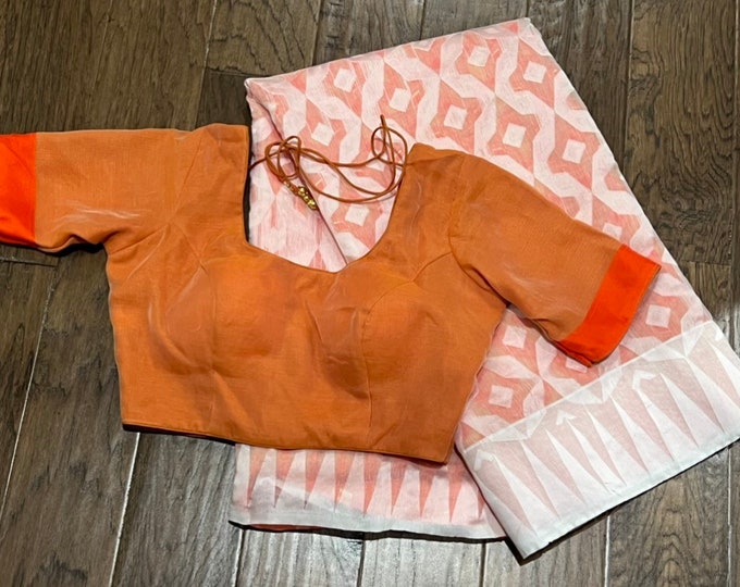 Orange half and half Cotton Saree with Blouse
