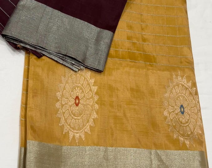 Handloom Pure Silk lightweight Kanchi silk Saree with Contrast Unstitched Blouse