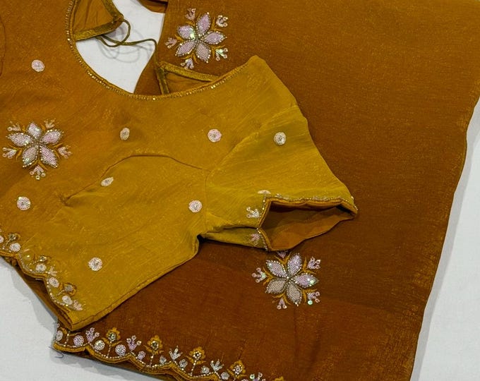 Beautiful Sequence and Beads Embroidered Shiny Georgette Saree with Floral Embroidery Blouse (34-42 Size Adjustable)