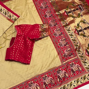 Pure Silk Patan Patola  Silk Saree With peacock double Paithani Border comes with  pure silk stitched blouse - Silkmark Certified