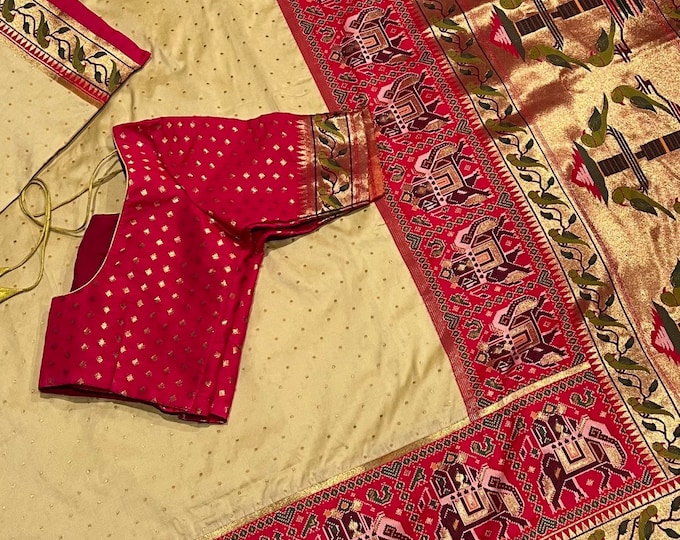 Pure Silk Patan Patola  Silk Saree With peacock double Paithani Border comes with  pure silk stitched blouse - Silkmark Certified