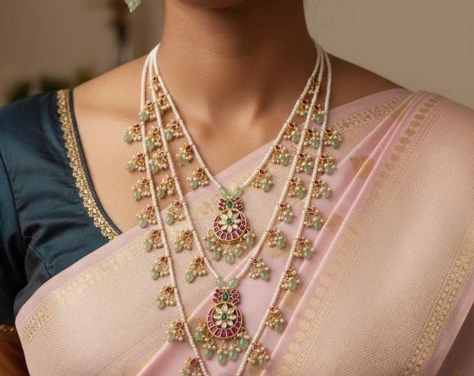 Jadau Layered Mala Necklace with Rice Beads