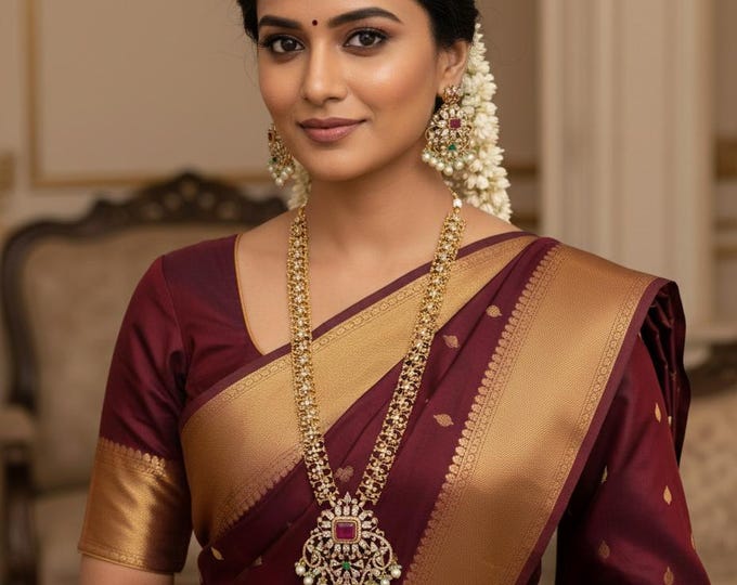 Gold-Plated Necklace and Earrings Set, Ruby, Green and White CZ