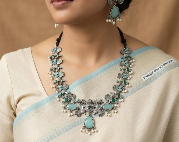 Silver Look-Alike Gemstone Jewelry Necklace with Earrings – Statement Ethnic Set