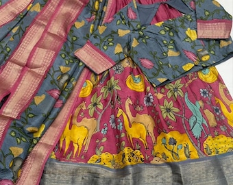 Kalamkari High quality Tusser Silk 3-Piece Lehenga Set with Adjustable Crop Top (Size 32-44)