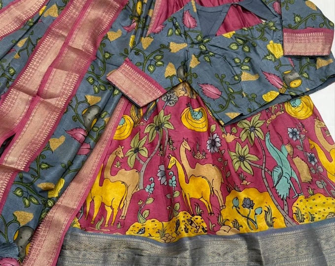 Kalamkari High quality Tusser Silk 3-Piece Lehenga Set with Adjustable Crop Top (Size 32-44)