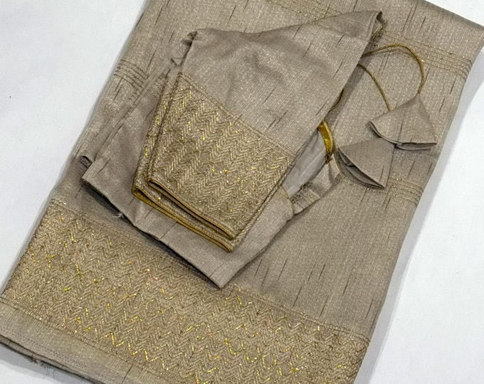 Elegant Jute Saree with Gold Embroidered Border and Stitched Blouse (34-42 Extendable)