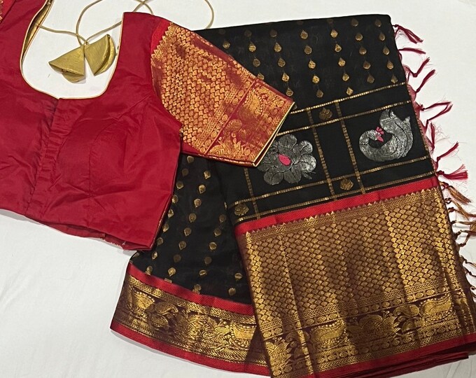 Pure Kuppadam Silk Saree with Kanchi Border and Silk Blouse fits 34-42 inches - Silk mark Certified