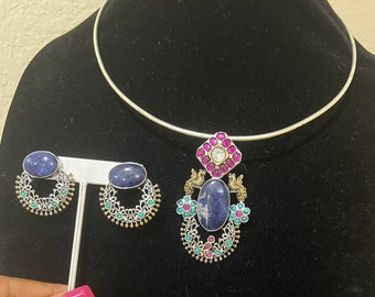 Jadau Husli Necklace & Earrings Set: Silver Look Alike