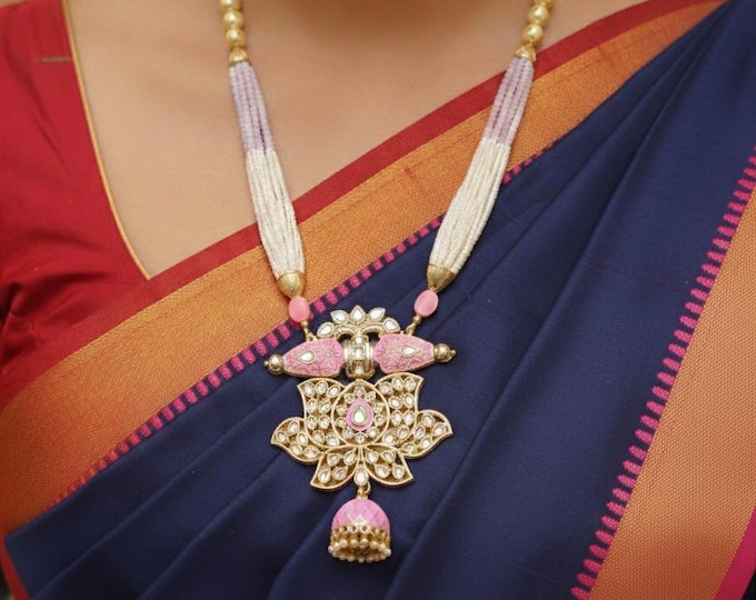 White & Pink Beaded Long Mala Necklace
