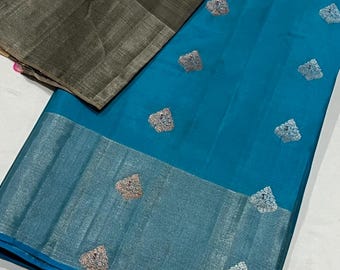Handloom Pure Silk  Kanchipuram Silk Saree With Contrast Unstitched Blouse