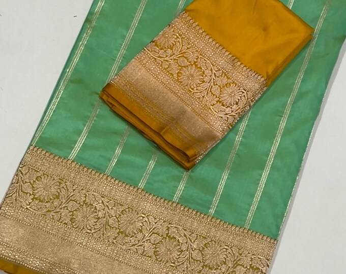 Handloom Pure Silk Katan Benarus Saree with Contrast Unstitched Blouse