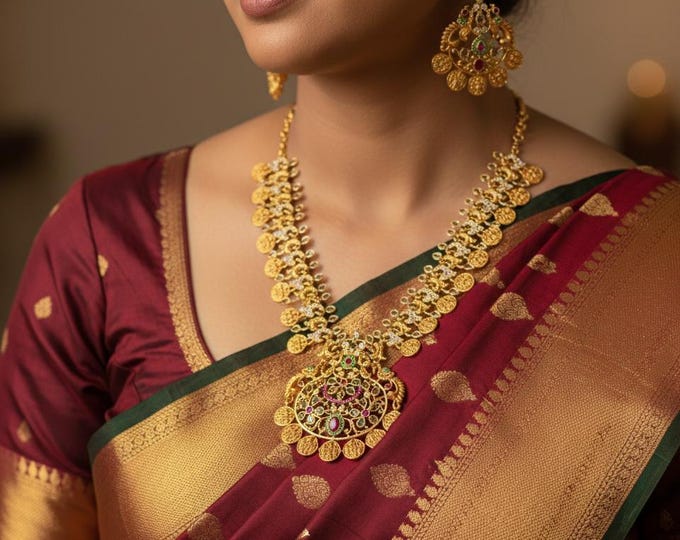 Gorgeous Ram Parivar Necklace with CZ and Ruby  stones paired with earrings