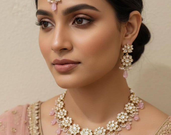 Kundan Necklace, Earrings & Tikka Set: Grand Bikanary Jewelry