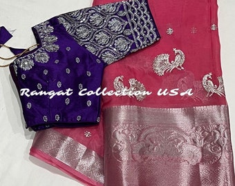 Pink Silver Embroidery Tissue Soft Silk saree with blouse