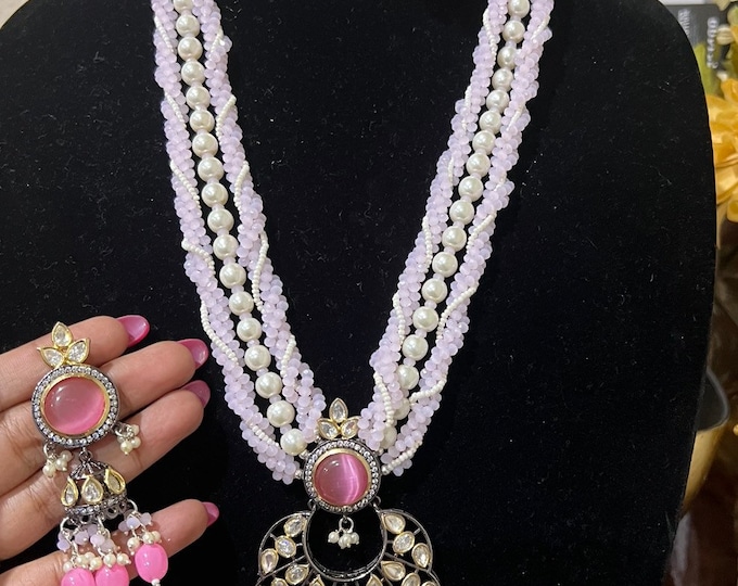 High Quality Victoruan Pink color beads mala with Earrings Set, Party Wear Necklace Earrings,Statement Piece