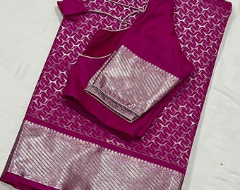 Silver Zari Handloom Silk Saree with Ready To Wear Blouse (Fits 36-42)