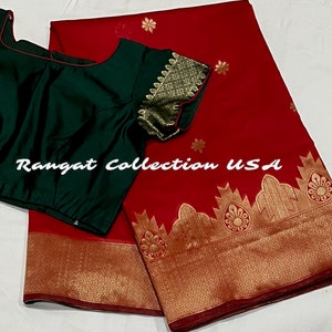Red Color Saree With Temple Border Silk Weaving saree with blouse
