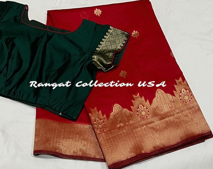 Red Color Saree With Temple Border Silk Weaving saree with blouse