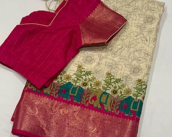 Floral Semi Silk Saree with Stitched Blouse (Size 36-42)