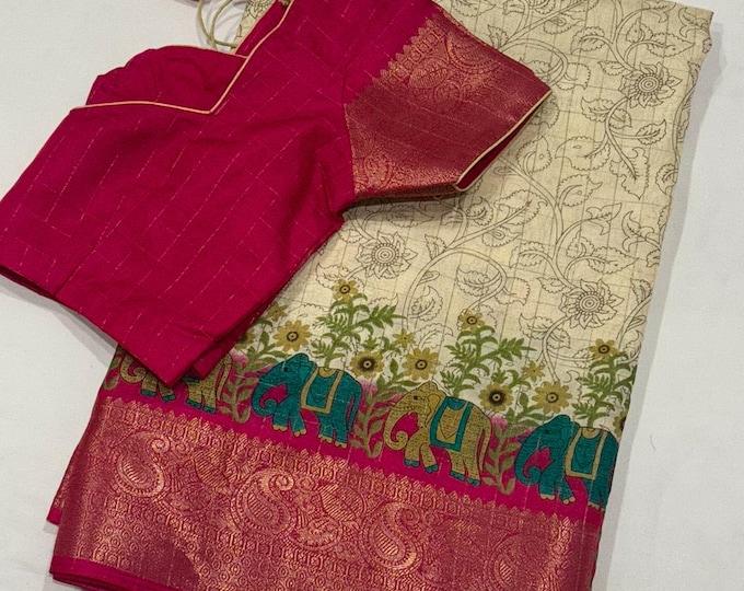 Beautiful combination Floral Soft Semi Silk Saree with Blouse 34-42 size