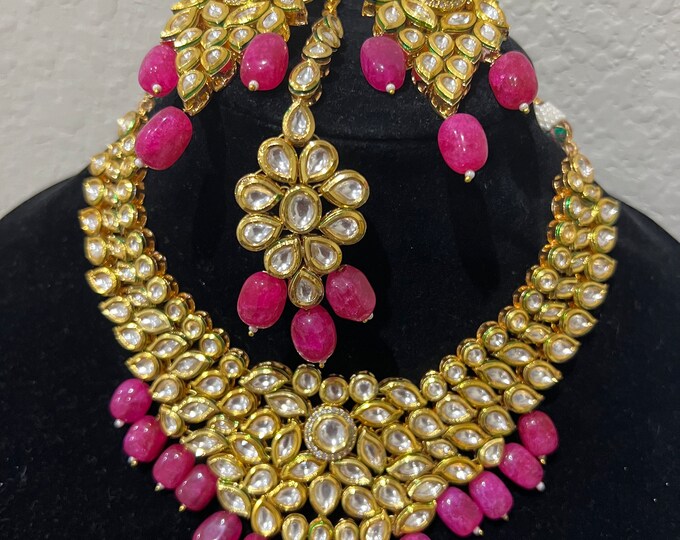 Beautiful handmade piece heavy grand looking pink beads high quality kundan necklace with earrings and tikka