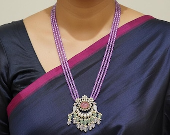 Purple Beaded Mala Necklace & Earrings: Victorian Jewelry Set