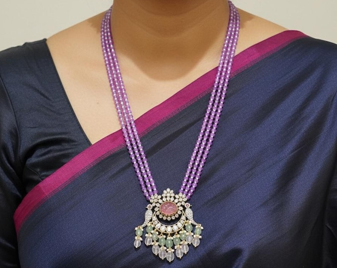 Purple Beaded Mala Necklace & Earrings: Victorian Jewelry Set