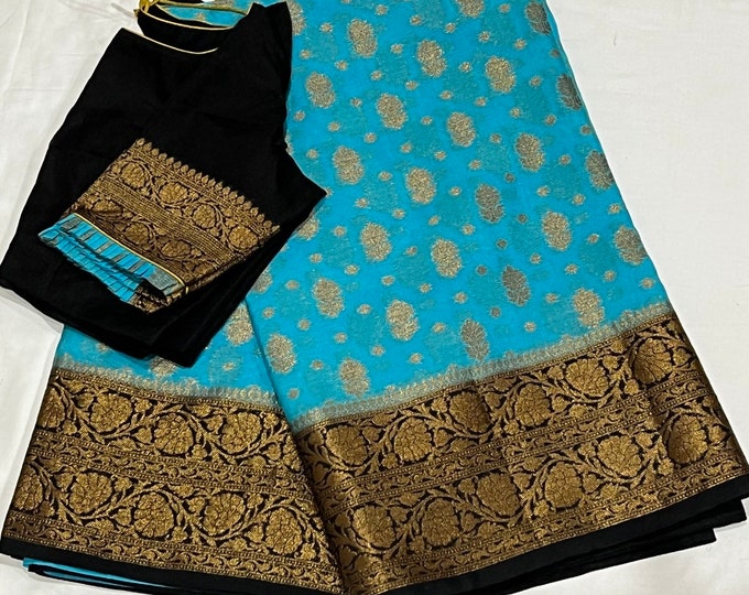 Benarus Georgette Silk Saree with Conteast Blouse fits 34-42 size