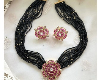Kempu Stone Beaded Necklace and Earrings Set