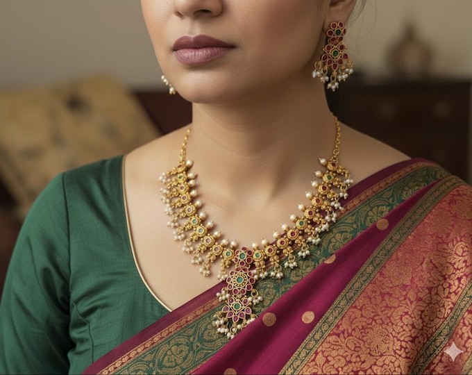 Guttapusalu Necklace with Dangler Earrings: Antique Gold Bridal Choker