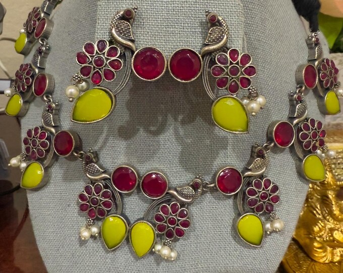 Silver Look-Alike Gemstone Jewelry Necklace with Earrings – Statement Ethnic Set