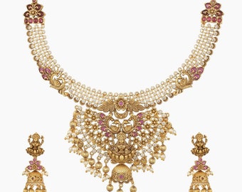 Maithili Peacock CZ Antique Necklace Set with Earrings