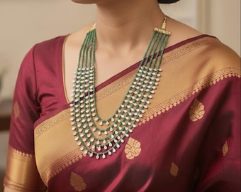 Emerald Bead Multi-Layered Necklace with Polki Stone Accents