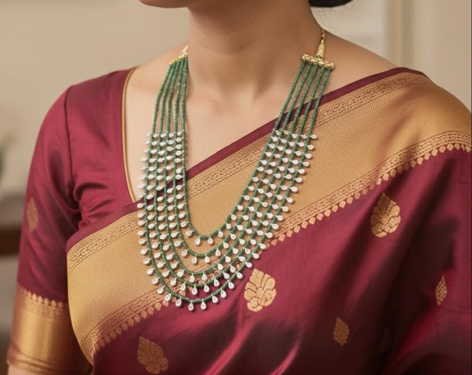 Emerald Bead Multi-Layered Necklace with Polki Stone Accents