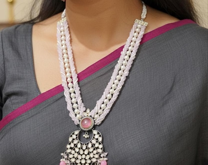 Pink Beaded Necklace Earrings Set: Victorian Kundan Jewelry