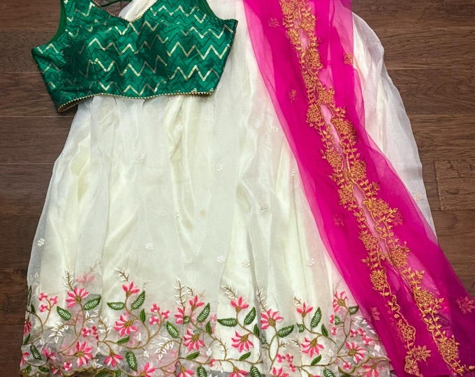 White Organza Embroidery Lehenga Set – 3-Piece Indian Outfit | Ships from Texas, USA