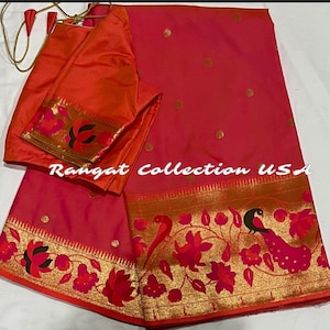 Handloom Paithani Silk Saree with  contrast blouse fits 34-42 size