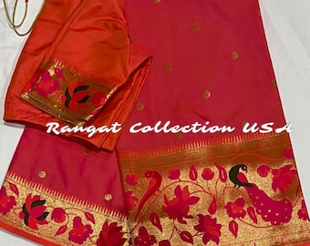 Handloom Paithani Silk Saree with  contrast blouse fits 34-42 size