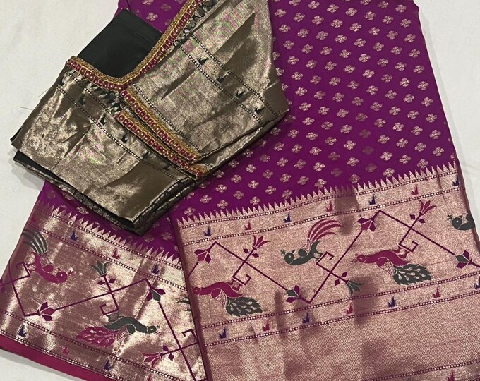 Beautiful Purple Paithani Border Silk saree with stitched blouse fits 34-42 size back open.