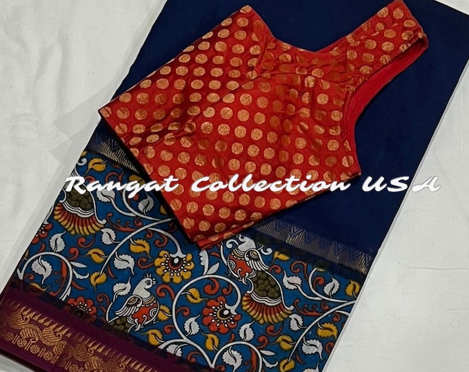 Sungudi Handloom Kalamkari Cotton  Saree peacock gold weaving contrast border with blouse